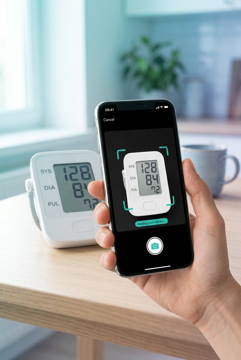 A hand holds an iPhone running CuffLog in front of a home blood-pressure monitor. The phone's camera has locked teal brackets onto the monitor's display and is reading 128 systolic, 84 diastolic and a pulse of 72 straight off the screen.